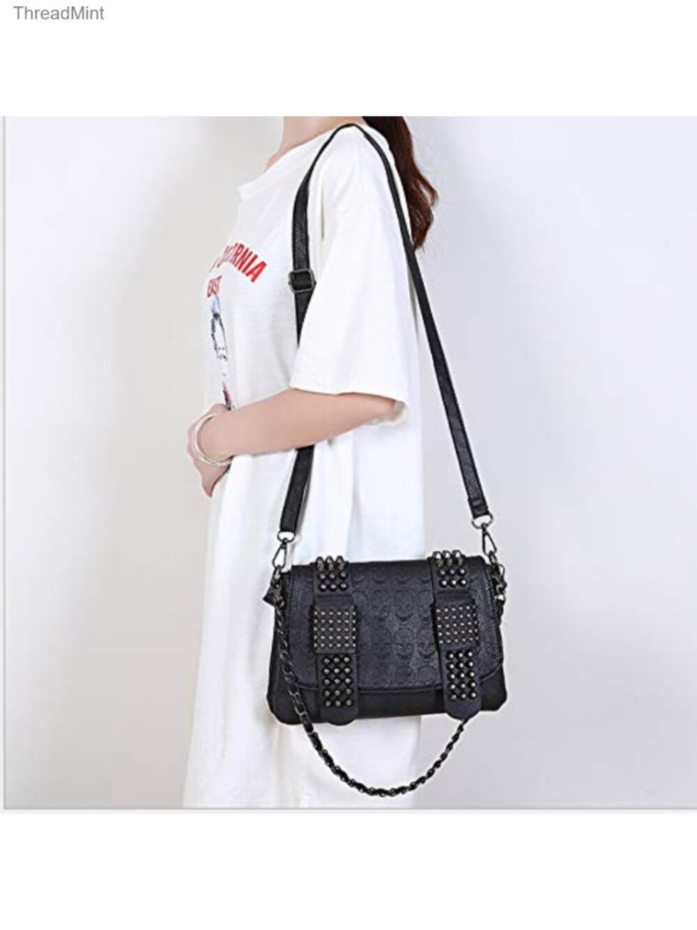 Punk Skull Flap Shoulder Bag PU Leather Goth Chain Satchel - Picture 3 of 5